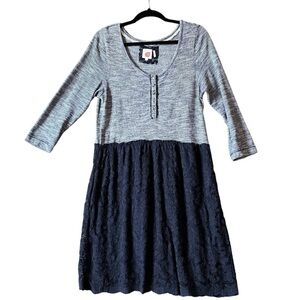 Anthropologie Lilka Navy Henley Quarter Sleeve Stripe and Lace Dress